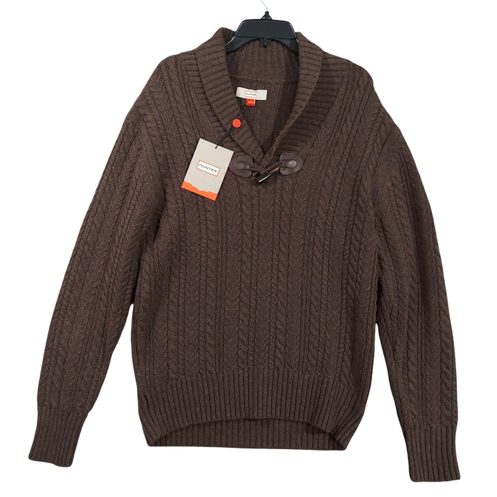 Hunter Sweater Mens Medium Brown Wool Cable Knit Shawl Collar Toggle Pullover